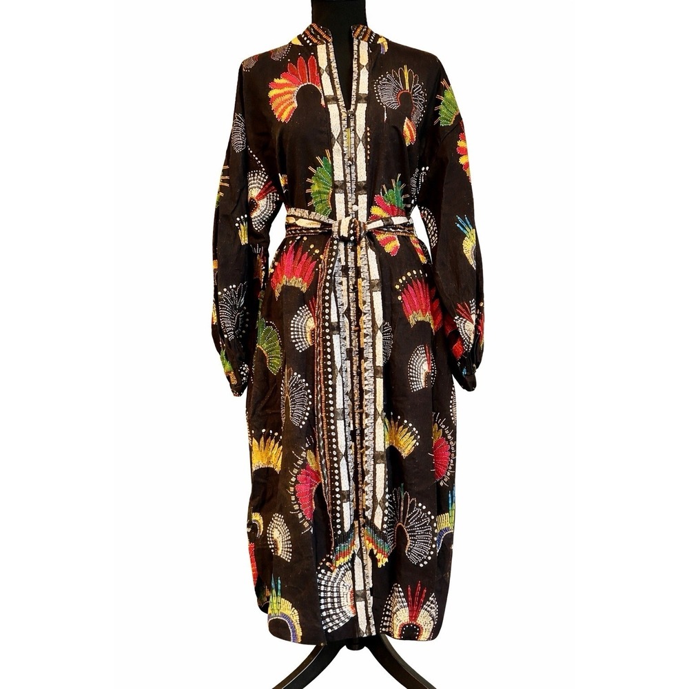 FARM Rio Wonderful Headdress Chemise Midi Dress in BlackMulticolor Boho Chic XS